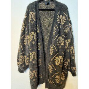 Maeve By Anthropologie Metallic Floral Open Front Fuzzy Cardigan Sweater OS Blac